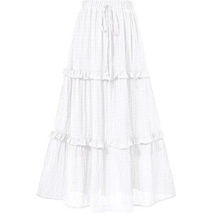Women's White Long Elegant High Waist Cocktail Guest Flared A-Line Midi Skirt